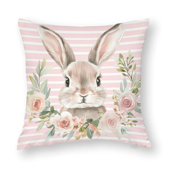 Waterproof Easter Throw Pillow Cases Set of 4, Chic Rabbits Carrot Flower, 1-Side, Cotton Linen