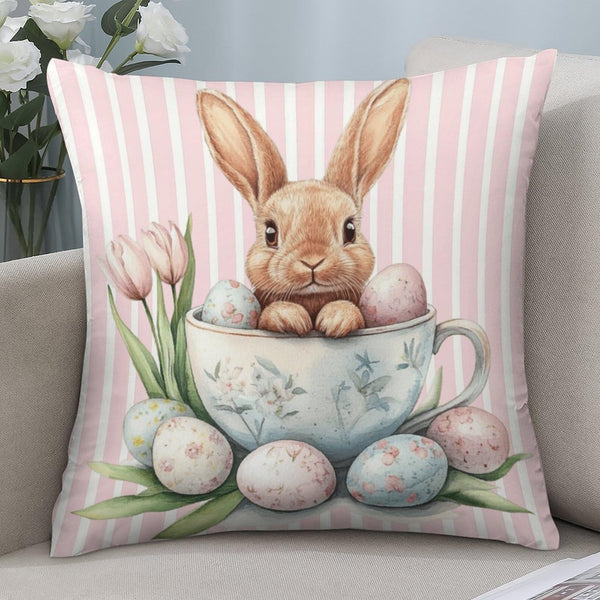 Waterproof Easter Throw Pillow Cases Set of 4 Easter Bunny Flowers Pink, 1-Side, Cotton Linen