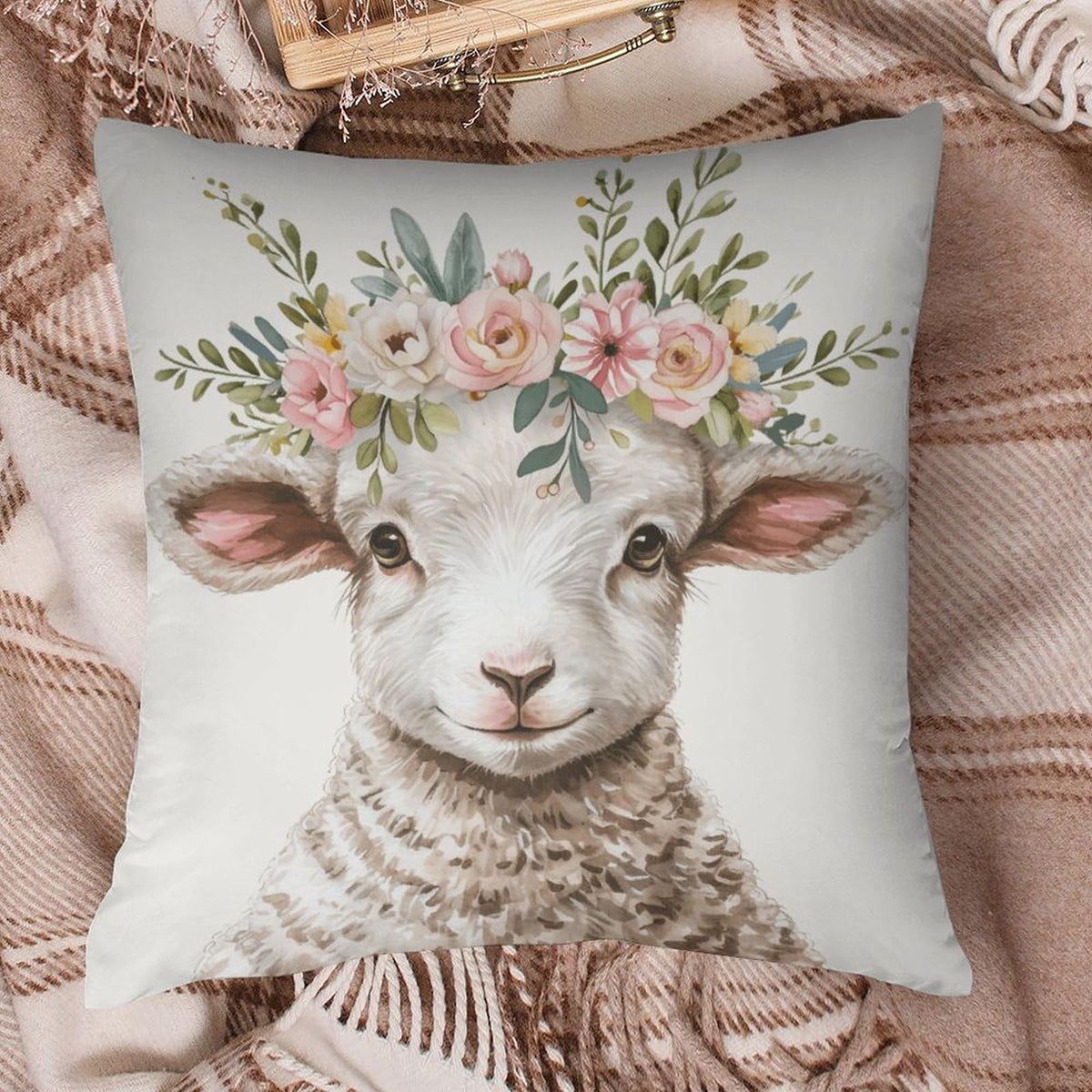 Waterproof Set of 4 Square 18"x18" Pillow Covers for Easter Spring, Buffalo Plaid, 1-Side, Cotton Linen