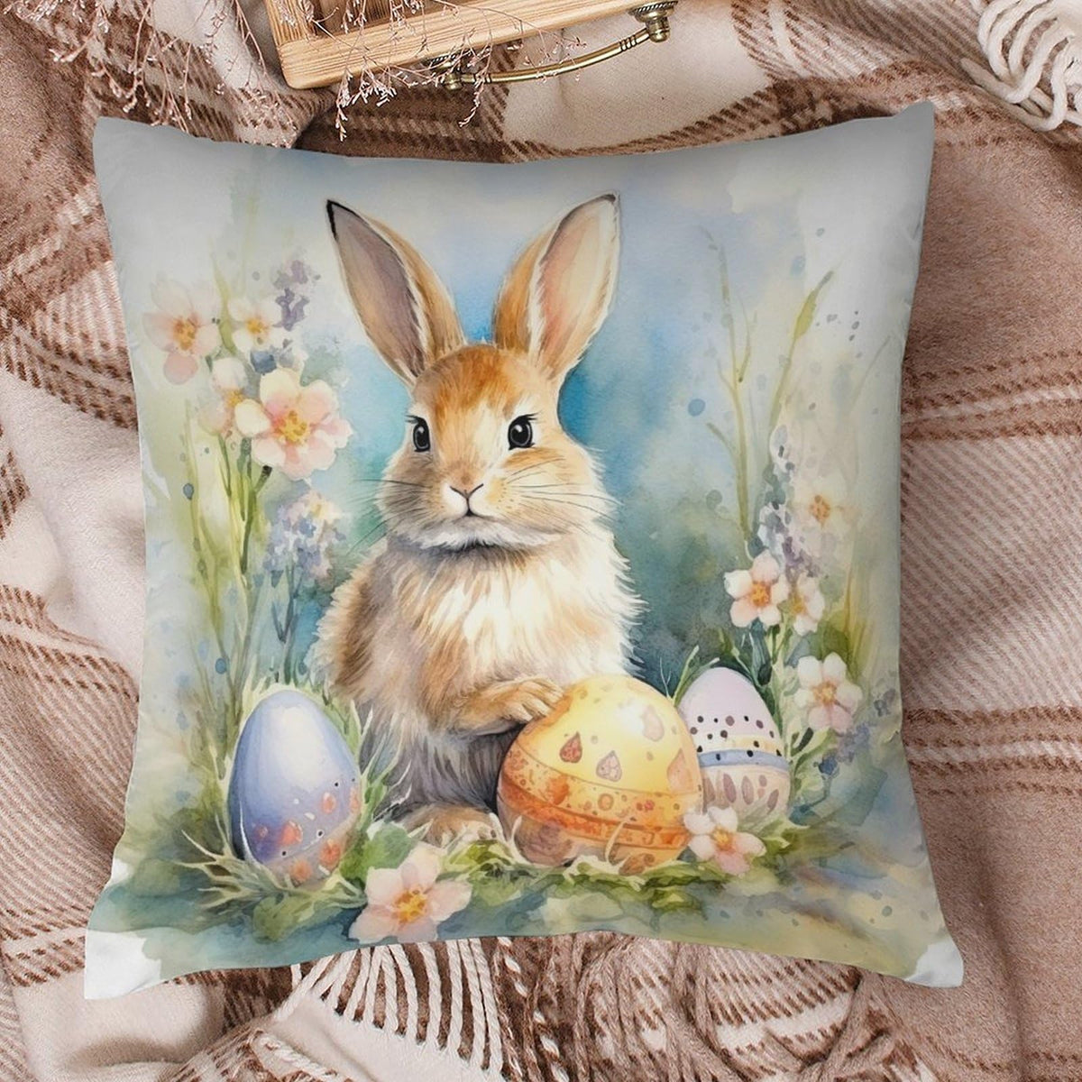 Waterproof Easter Decoration Bunny Throw Pillow Covers 18"x18" 4 Pack, 1-Side, Cotton Linen