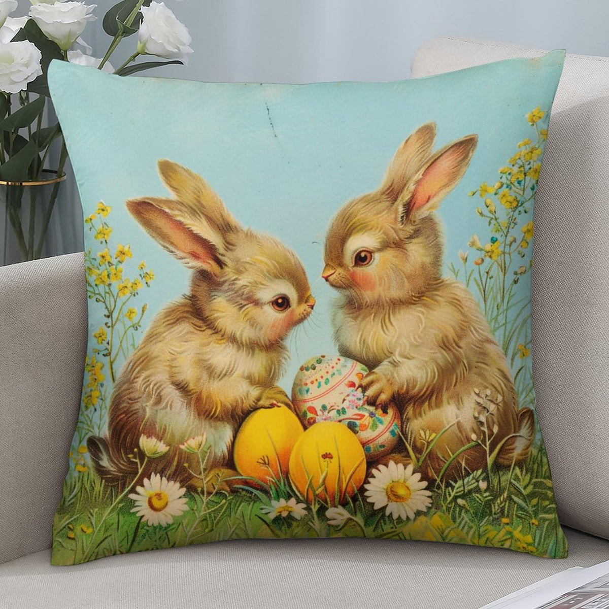 Waterproof Easter Throw Pillow Covers with Spring Floral Pink Set of 4, 1-Side, Cotton Linen