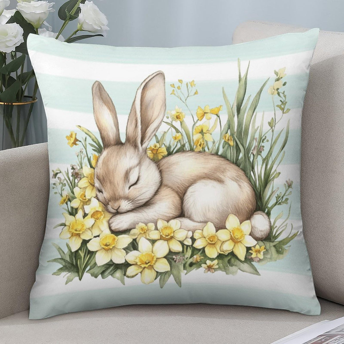 Waterproof Hello Spring Decorative Throw Pillow Covers Easter Bunny Set of 4, 1-Side, Cotton Linen