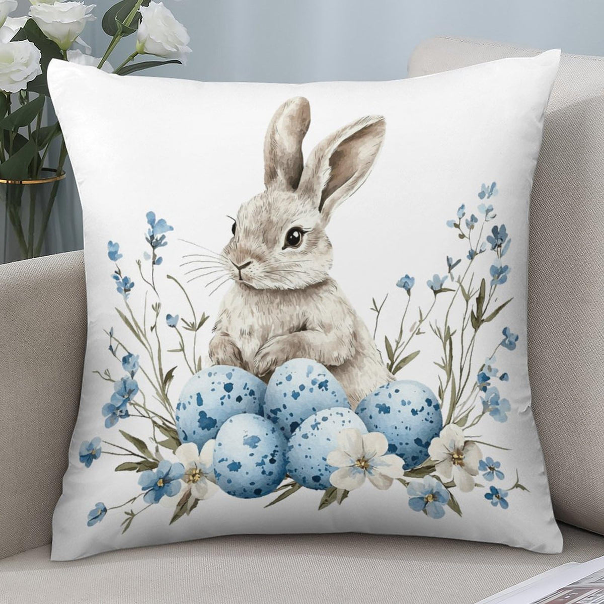 Waterproof Easter Decorative Pillow Covers Set of 4, Easter Eggs Bunny Spring Blue Floral, 1-Side, Cotton Linen