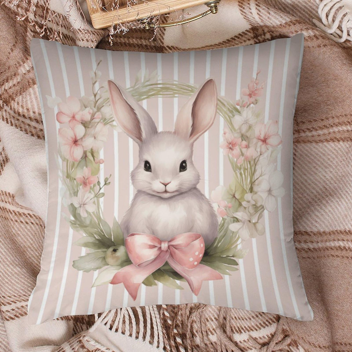Waterproof Easter Throw Pillow Covers Set of 4, Rustic Floral Bunny, 1-Side, Cotton Linen