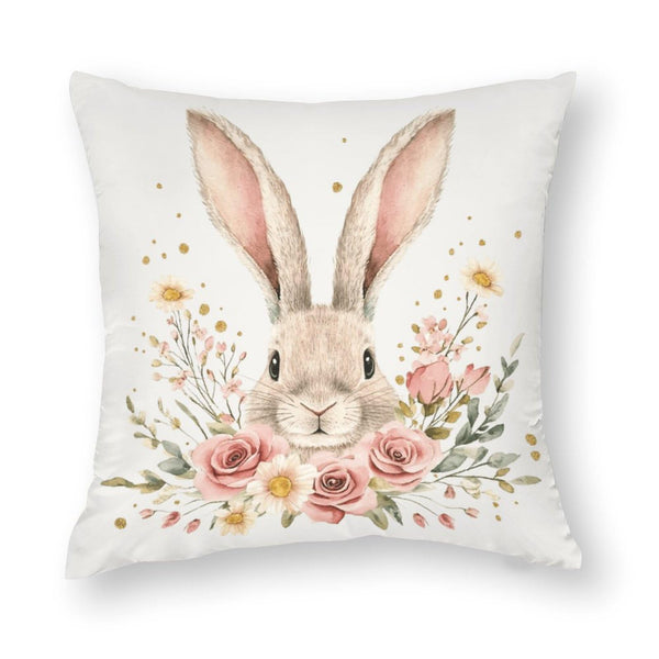 Waterproof Easter Throw Pillow Covers Set of 4, Rustic Floral Bunny, 1-Side, Cotton Linen