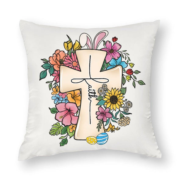 Waterproof Easter Throw Pillow Covers Set of 4, Rustic Floral Bunny, 1-Side, Cotton Linen
