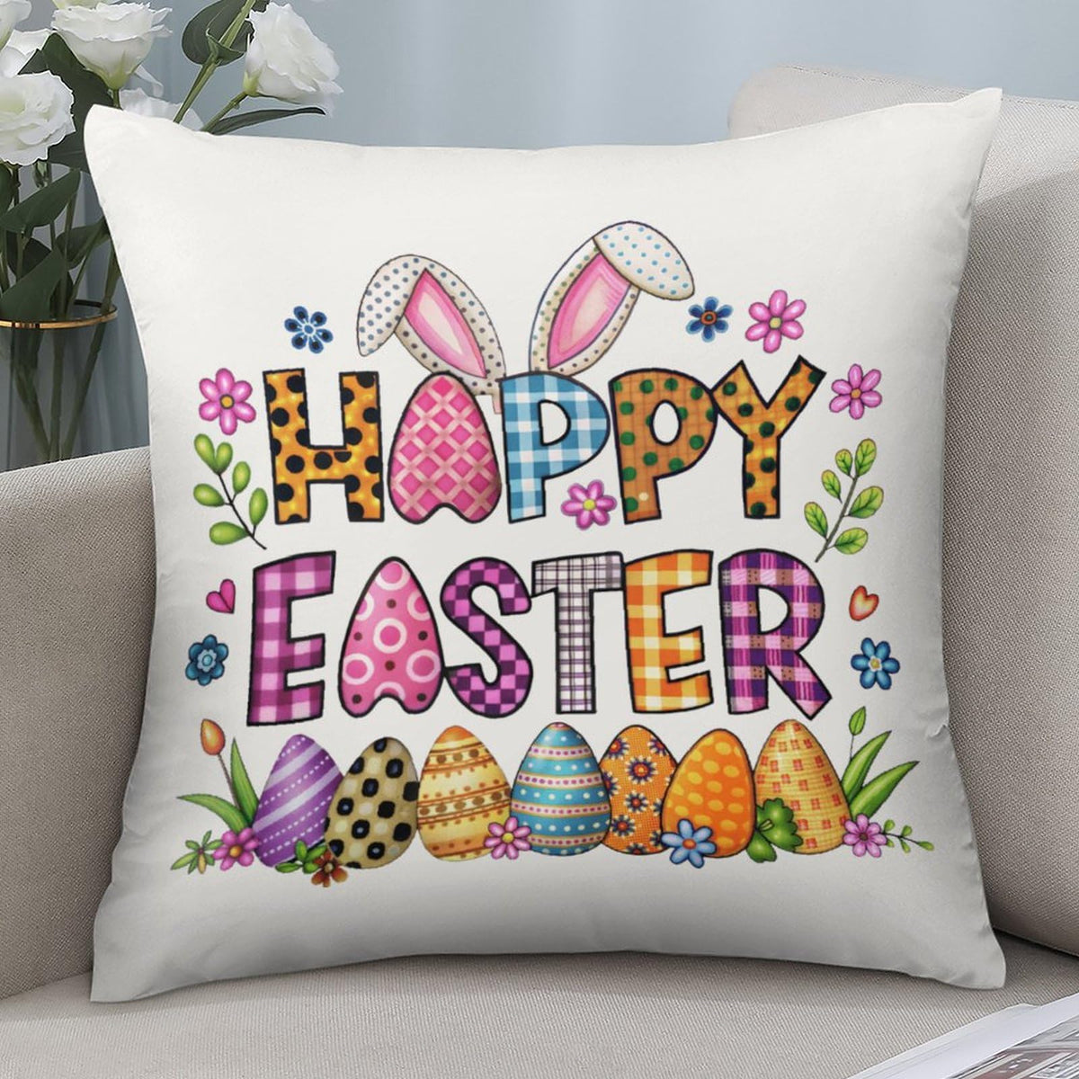 Waterproof Easter Throw Pillow Covers Set of 4, Rustic Floral Bunny, 1-Side, Cotton Linen