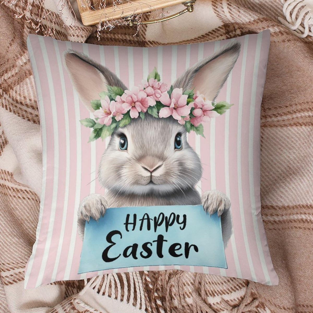 Waterproof Easter Decorations Pink Throw Pillow Covers 18"x18" 4 Pack, Rustic Floral Bunny, 1-Side, Cotton Linen