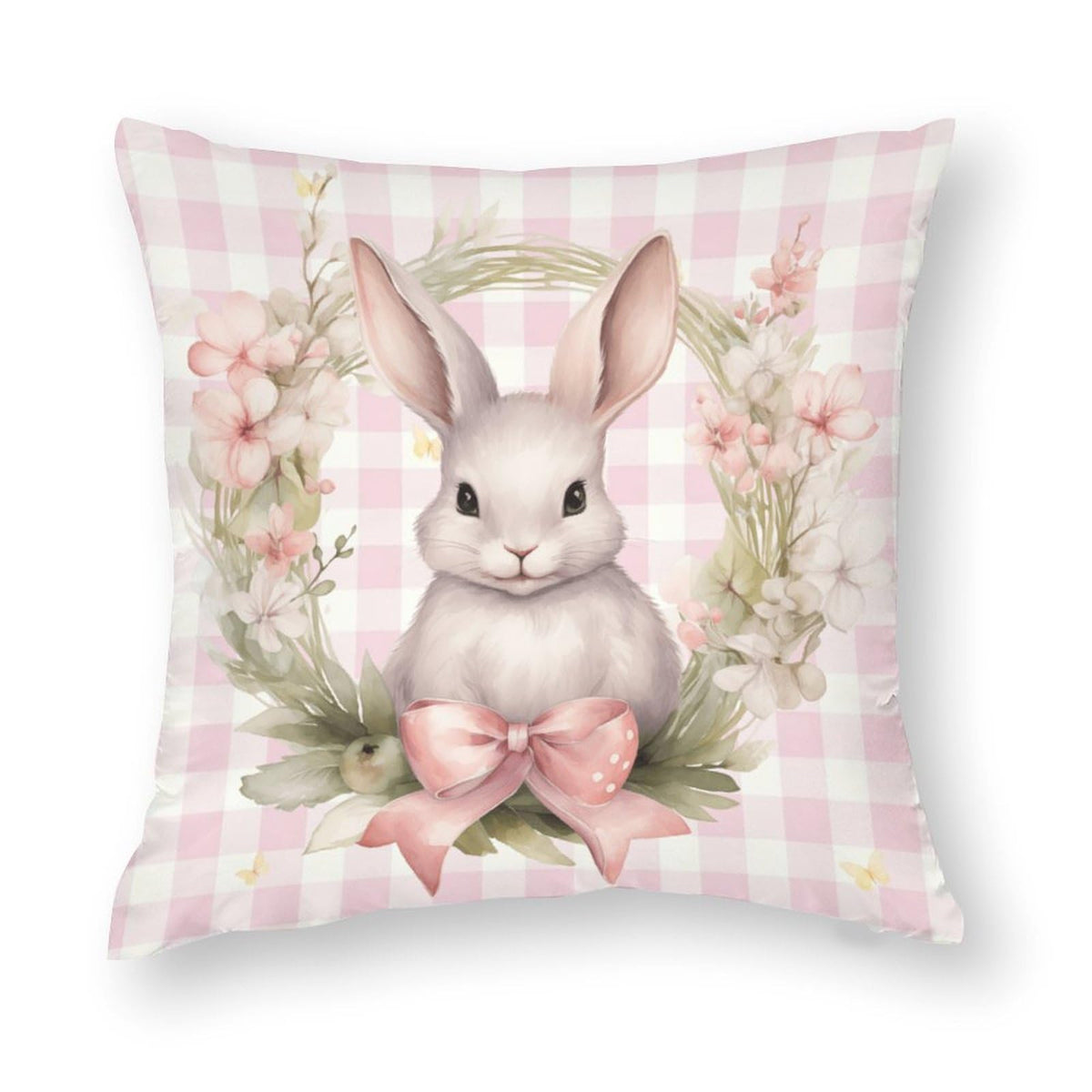 Waterproof Easter Decorations Pink Throw Pillow Covers 18"x18" 4 Pack, Rustic Floral Bunny, 1-Side, Cotton Linen