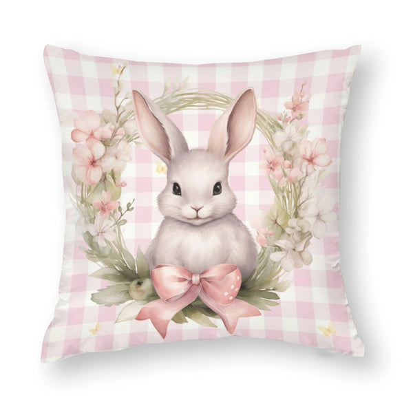 Waterproof Easter Decorations Pink Throw Pillow Covers 18"x18" 4 Pack, Rustic Floral Bunny, 1-Side, Cotton Linen
