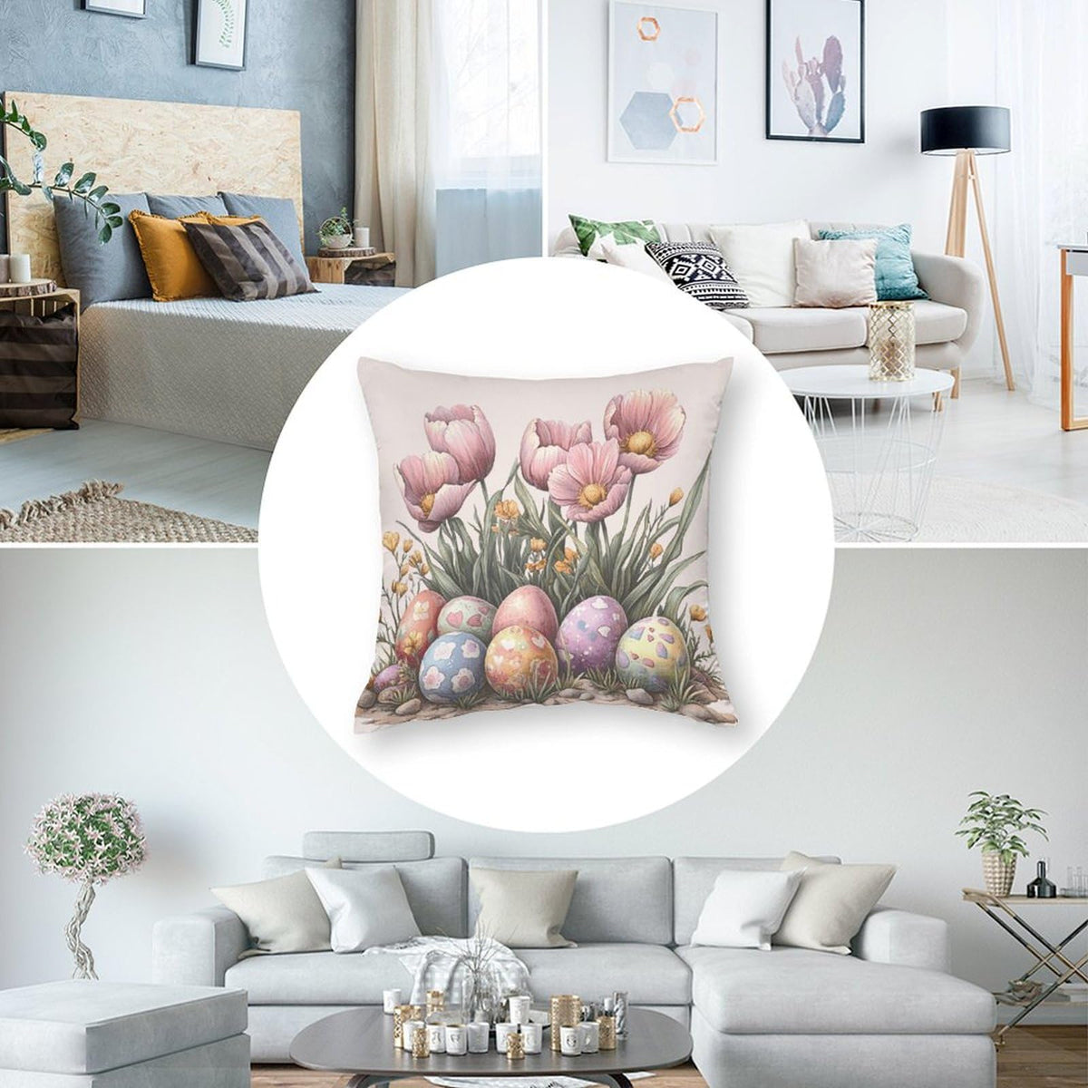 Waterproof Easter Spring Decorative Throw Pillow Covers Set of 4, Rustic Floral Bunny, 1-Side, Cotton Linen