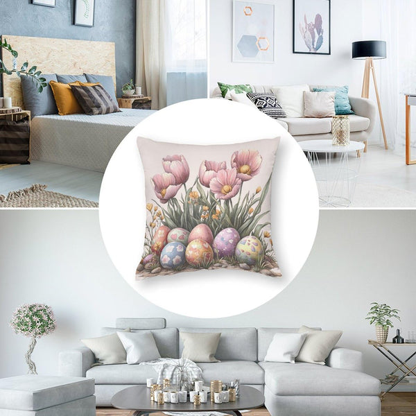 Waterproof Easter Spring Decorative Throw Pillow Covers Set of 4, Rustic Floral Bunny, 1-Side, Cotton Linen
