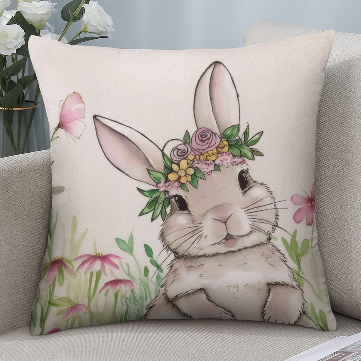 Waterproof Easter Spring Decorative Throw Pillow Covers Set of 4, Rustic Floral Bunny, 1-Side, Cotton Linen
