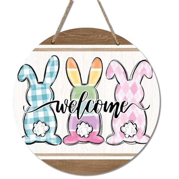 Easter Decorations Door Sign,Wooden Cute Bunny Welcome Easter Door Hanger Easter Door Wreath Hanging Ornament Plaque Rabbit Sign