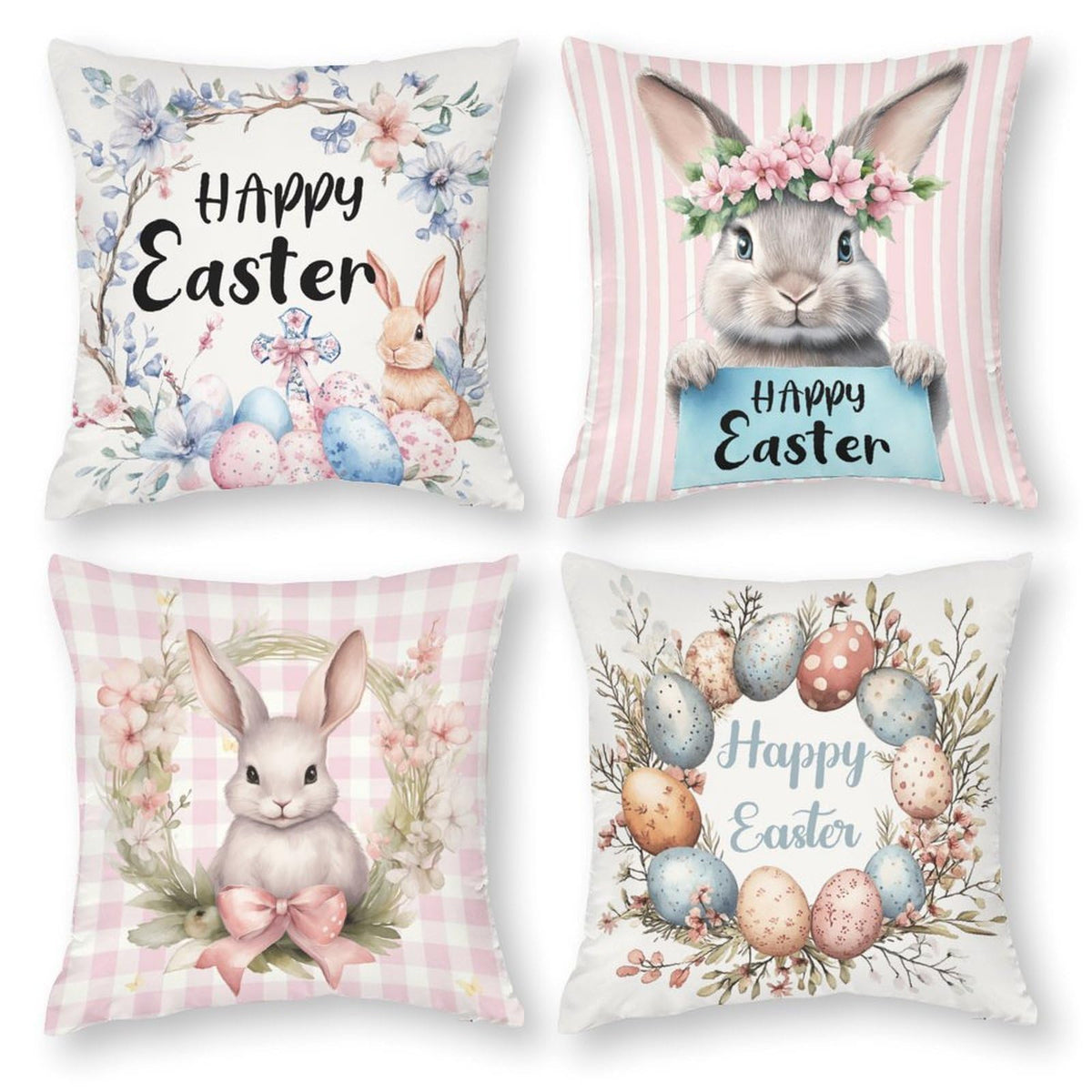 Waterproof Easter Decorations Pink Throw Pillow Covers 18"x18" 4 Pack, Rustic Floral Bunny, 1-Side, Cotton Linen