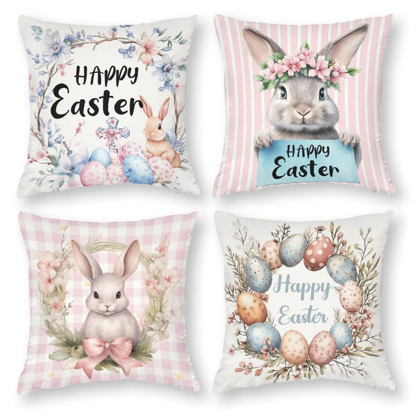 Waterproof Easter Decorations Pink Throw Pillow Covers 18"x18" 4 Pack, Rustic Floral Bunny, 1-Side, Cotton Linen