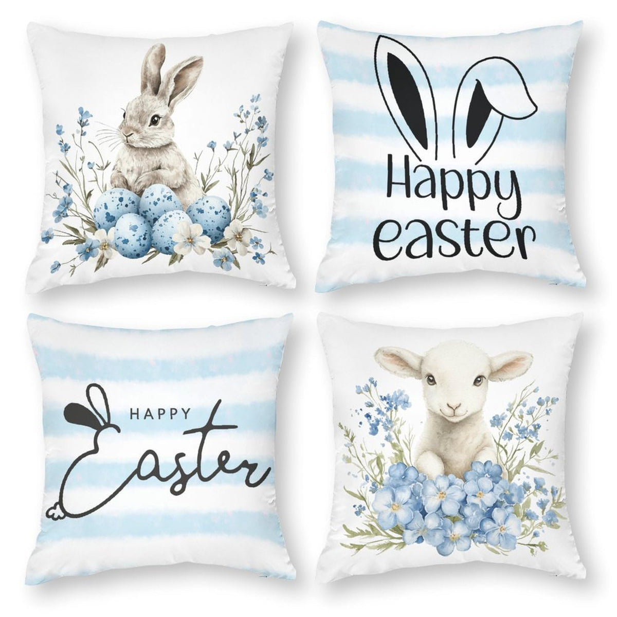 Waterproof Easter Decorative Pillow Covers Set of 4, Easter Eggs Bunny Spring Blue Floral, 1-Side, Cotton Linen