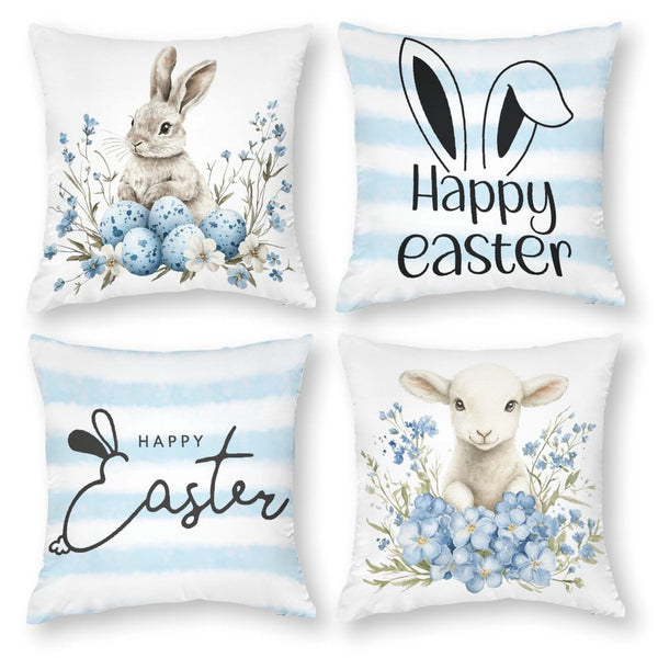 Waterproof Easter Decorative Pillow Covers Set of 4, Easter Eggs Bunny Spring Blue Floral, 1-Side, Cotton Linen