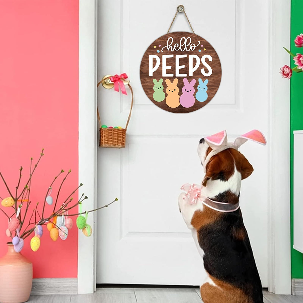 Easter Door Decorations Bunny Decor - Hello Peeps Rabbit Wall Sign - Wooden Welcome Door Hanger Wreath for Easter