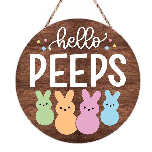 Easter Door Decorations Bunny Decor - Hello Peeps Rabbit Wall Sign - Wooden Welcome Door Hanger Wreath for Easter