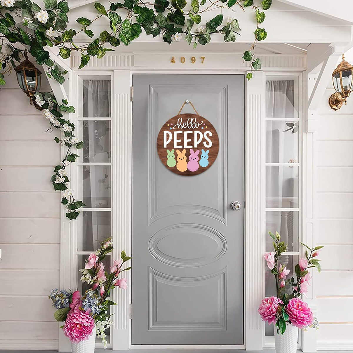 Easter Door Decorations Bunny Decor - Hello Peeps Rabbit Wall Sign - Wooden Welcome Door Hanger Wreath for Easter