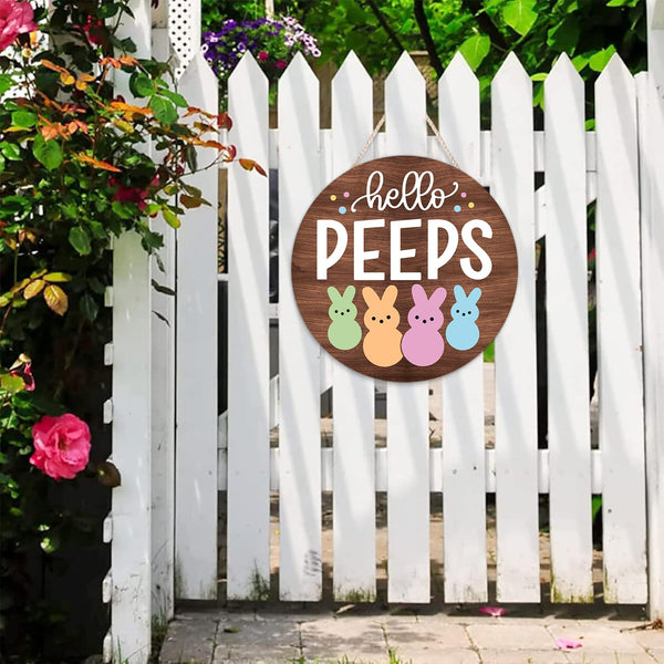 Easter Door Decorations Bunny Decor - Hello Peeps Rabbit Wall Sign - Wooden Welcome Door Hanger Wreath for Easter