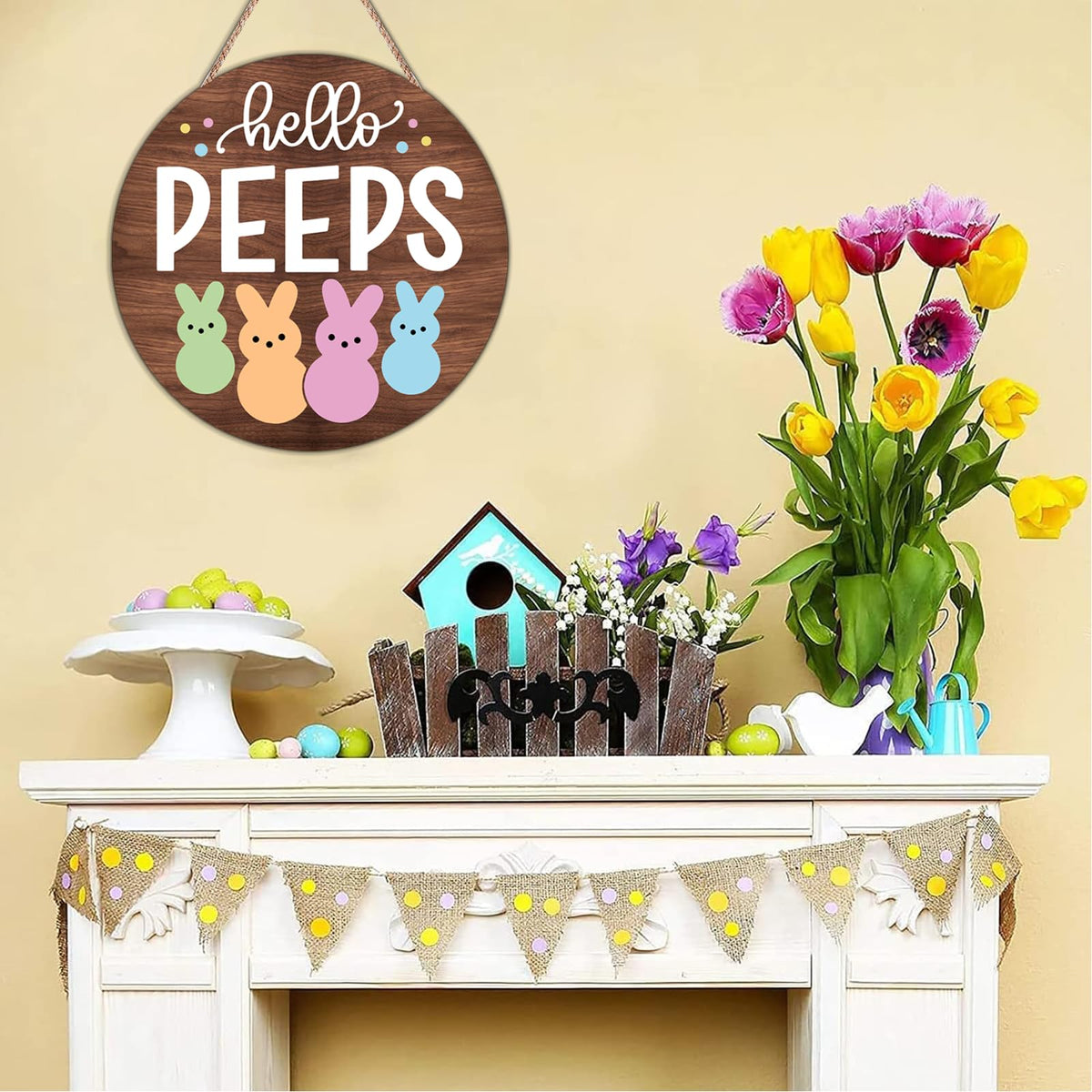 Easter Door Decorations Bunny Decor - Hello Peeps Rabbit Wall Sign - Wooden Welcome Door Hanger Wreath for Easter