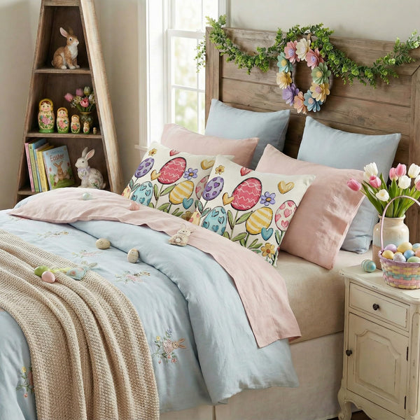 Outdoor Waterproof Easter Egg Blooming Pillow Covers Set of 2-18x18 Inch Farmhouse Decor with Bunnys Eggs