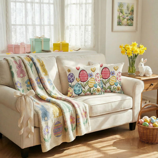 Outdoor Waterproof Easter Egg Blooming Pillow Covers Set of 2-18x18 Inch Farmhouse Decor with Bunnys Eggs