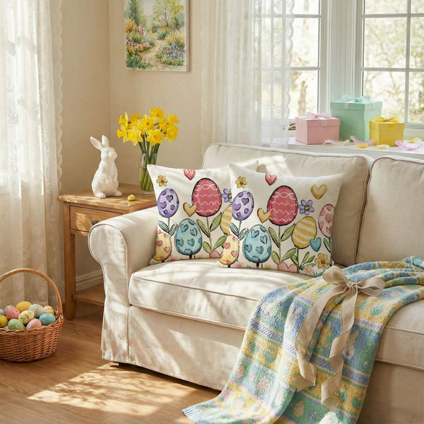 Outdoor Waterproof Easter Egg Blooming Pillow Covers Set of 2-18x18 Inch Farmhouse Decor with Bunnys Eggs
