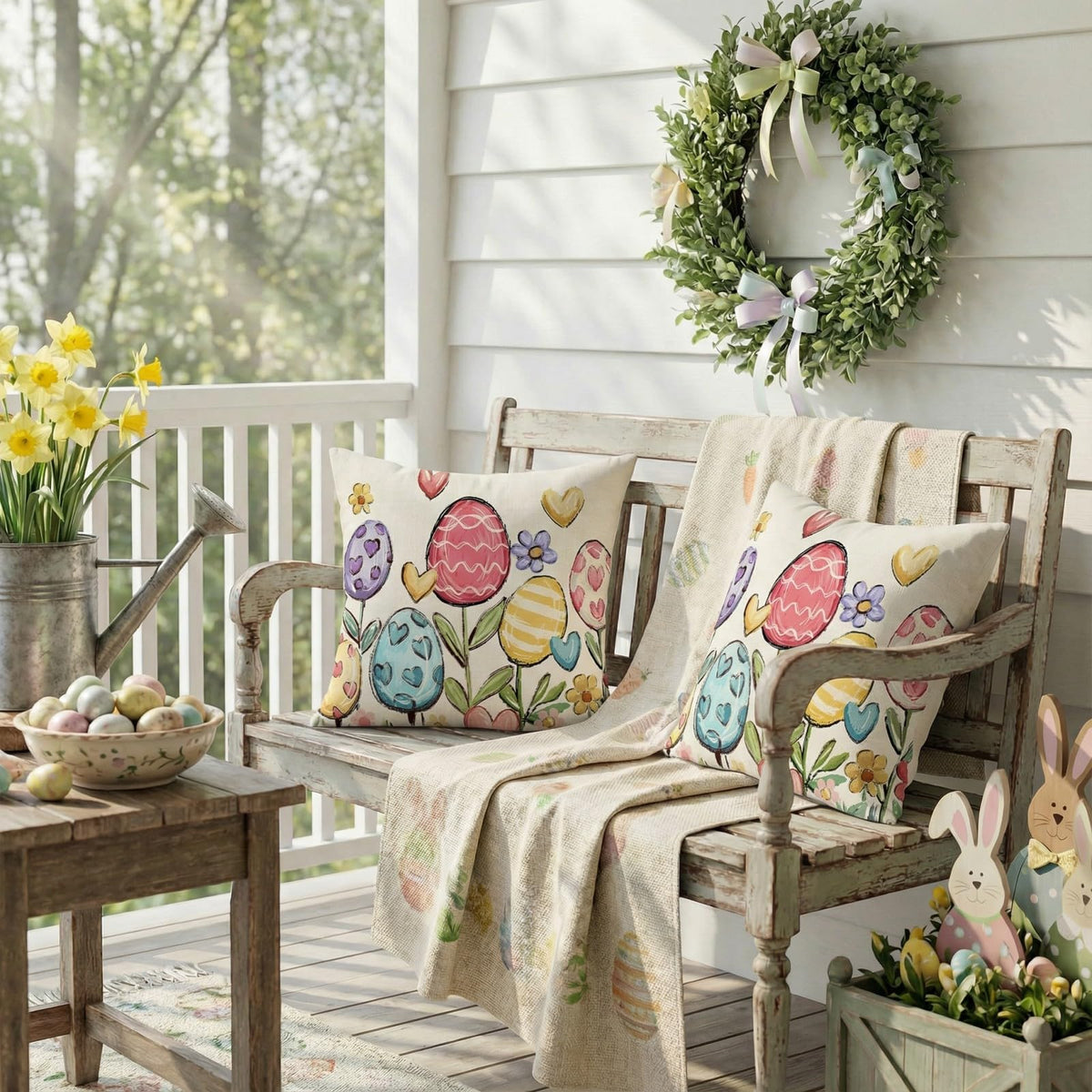 Outdoor Waterproof Easter Egg Blooming Pillow Covers Set of 2-18x18 Inch Farmhouse Decor with Bunnys Eggs