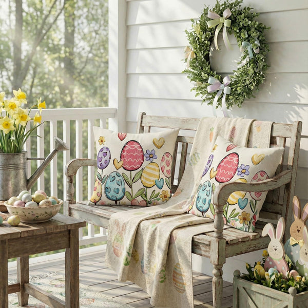 Outdoor Waterproof Easter Egg Blooming Pillow Covers Set of 2-18x18 Inch Farmhouse Decor with Bunnys Eggs