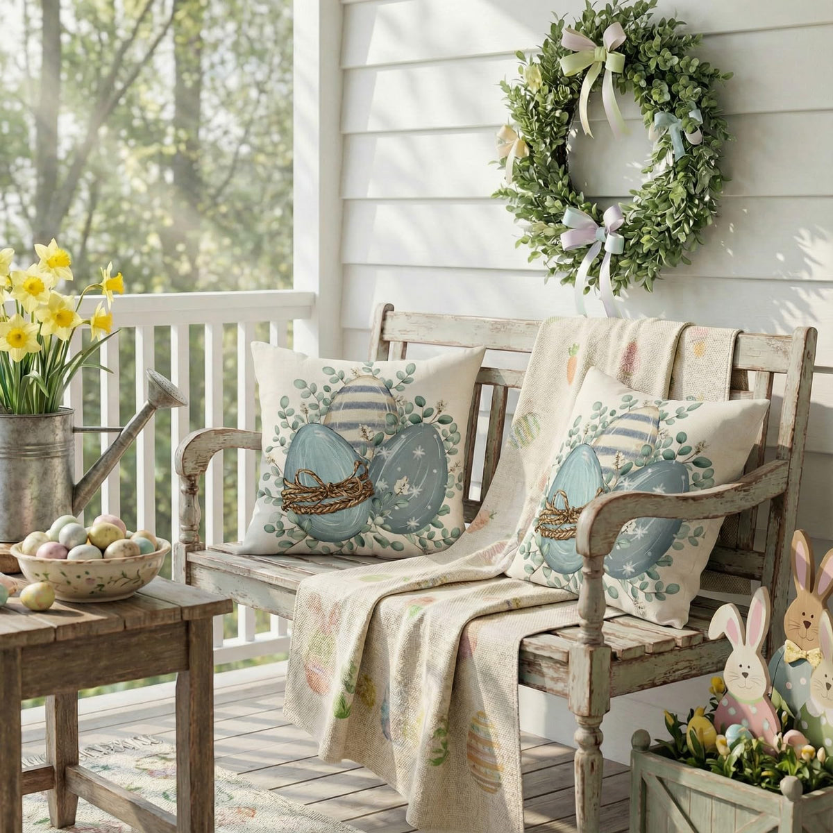 Outdoor Waterproof Easter Egg Blooming Pillow Covers Set of 2-18x18 Inch Farmhouse Decor with Bunnys Eggs