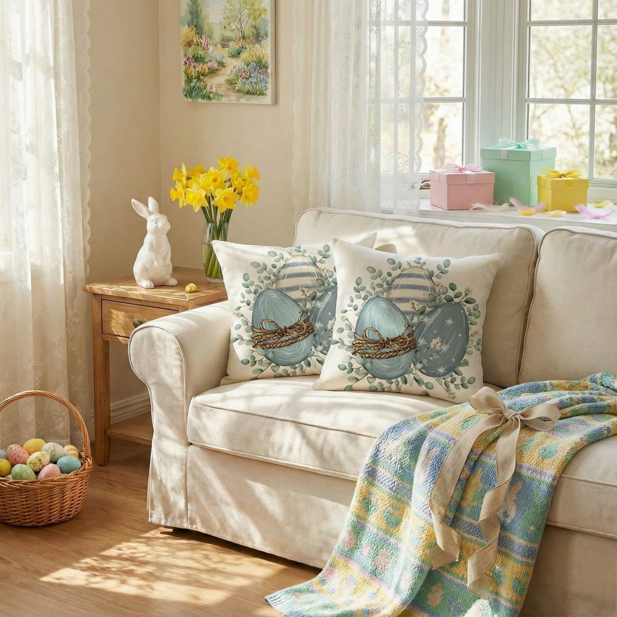 Outdoor Waterproof Easter Egg Blooming Pillow Covers Set of 2-18x18 Inch Farmhouse Decor with Bunnys Eggs