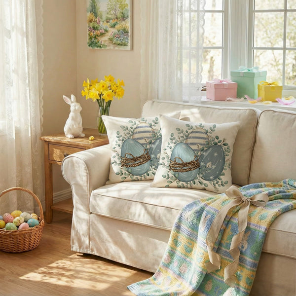 Outdoor Waterproof Easter Egg Blooming Pillow Covers Set of 2-18x18 Inch Farmhouse Decor with Bunnys Eggs