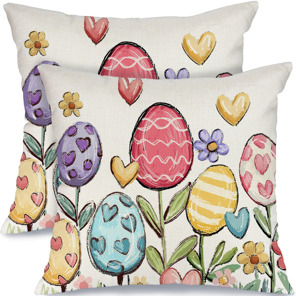 Outdoor Waterproof Easter Egg Blooming Pillow Covers Set of 2-18x18 Inch Farmhouse Decor with Bunnys Eggs