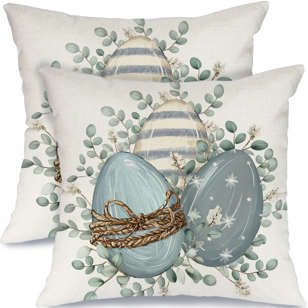 Outdoor Waterproof Easter Egg Blooming Pillow Covers Set of 2-18x18 Inch Farmhouse Decor with Bunnys Eggs