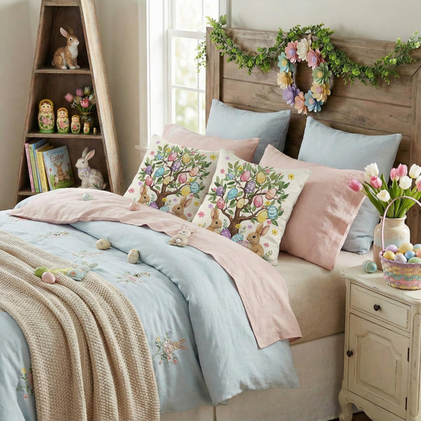 Outdoor Waterproof Easter Egg Trees Pillow Covers Set of 2-18x18 Inch Farmhouse Decor with Bunnys Eggs