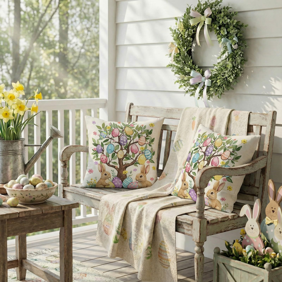 Outdoor Waterproof Easter Egg Trees Pillow Covers Set of 2-18x18 Inch Farmhouse Decor with Bunnys Eggs