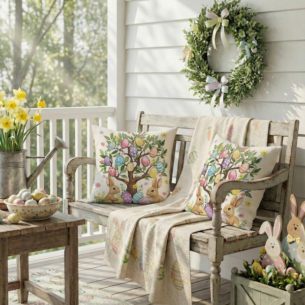 Outdoor Waterproof Easter Egg Trees Pillow Covers Set of 2-18x18 Inch Farmhouse Decor with Bunnys Eggs