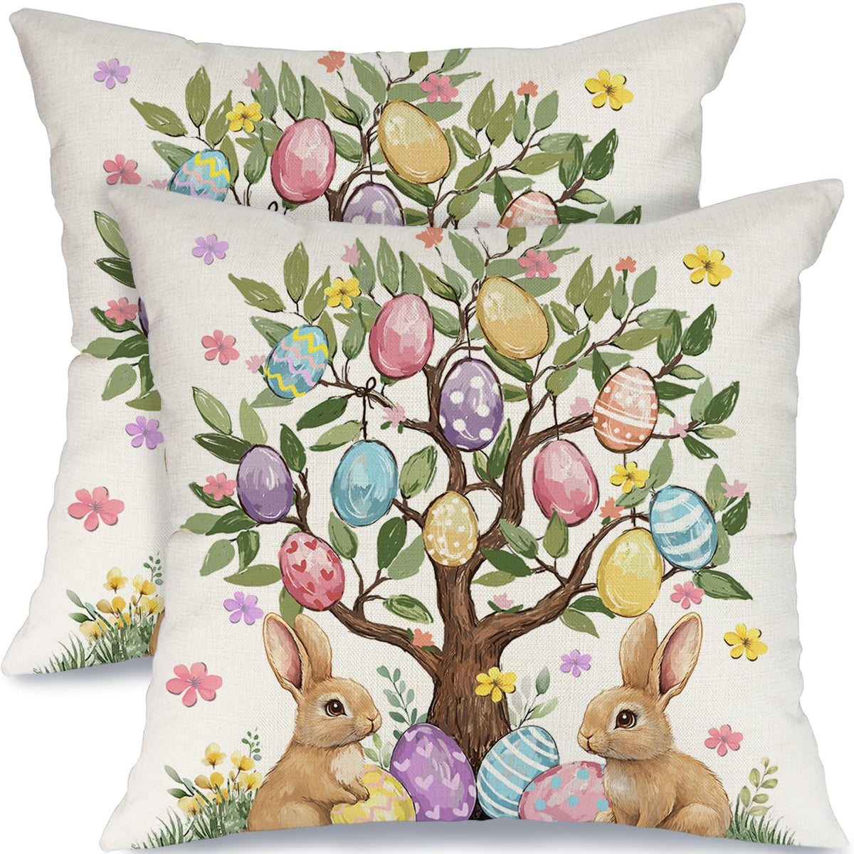 Outdoor Waterproof Easter Egg Trees Pillow Covers Set of 2-18x18 Inch Farmhouse Decor with Bunnys Eggs