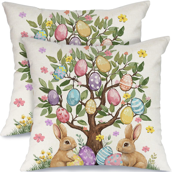 Outdoor Waterproof Easter Egg Trees Pillow Covers Set of 2-18x18 Inch Farmhouse Decor with Bunnys Eggs