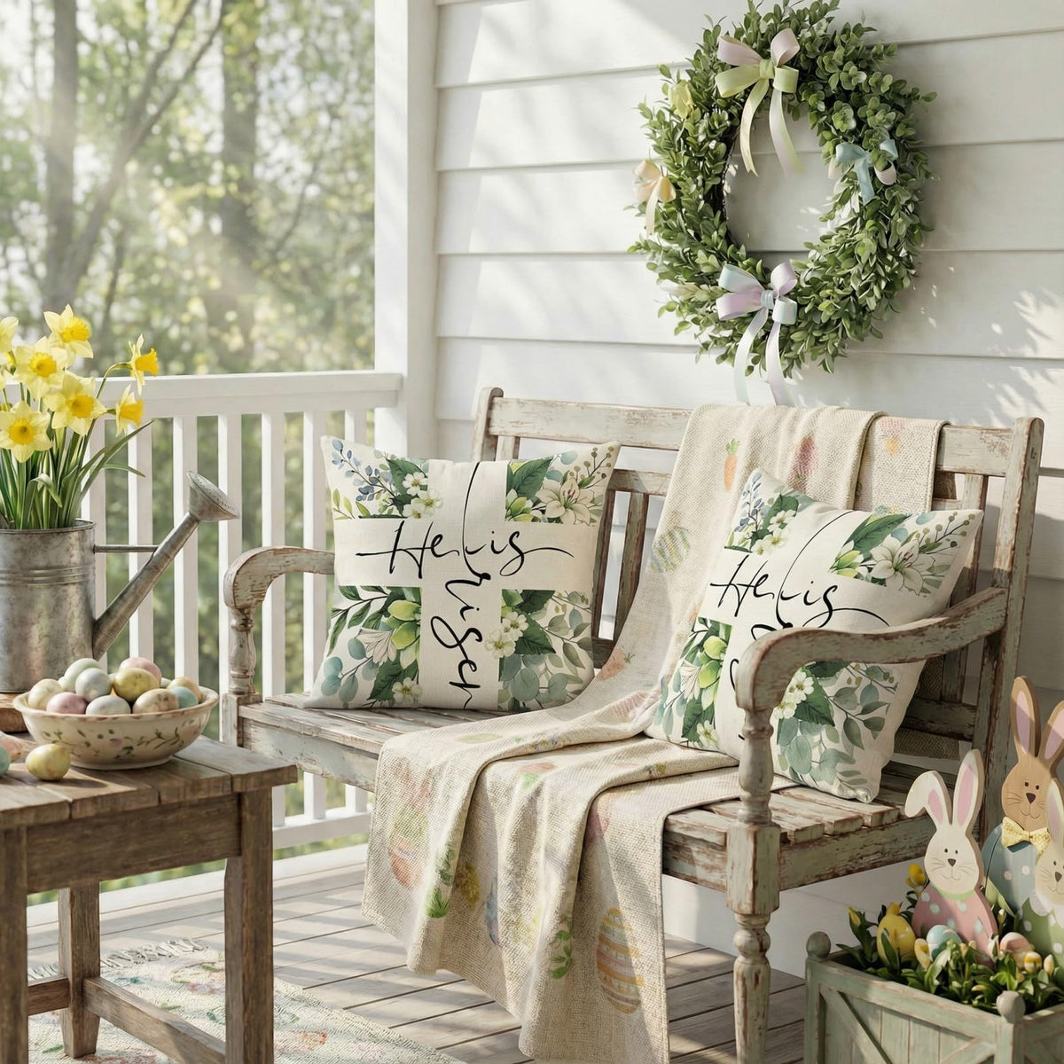 Outdoor Waterproof Easter Lily Pillow Covers Set of 2-18x18 Inch Farmhouse Decor with Eucalyptus