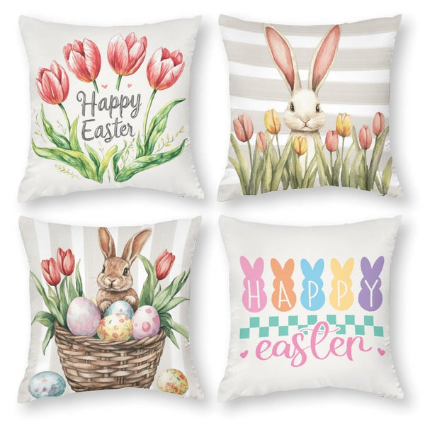Waterproof Easter Throw Pillow Covers Set of 4, Retro Floral Set of 4, 1-Side, Cotton Linen