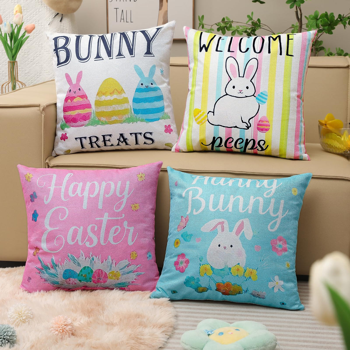 Easter Pillow Covers 18 x 18 Inch,Easter Decorations for Home,Set of 4