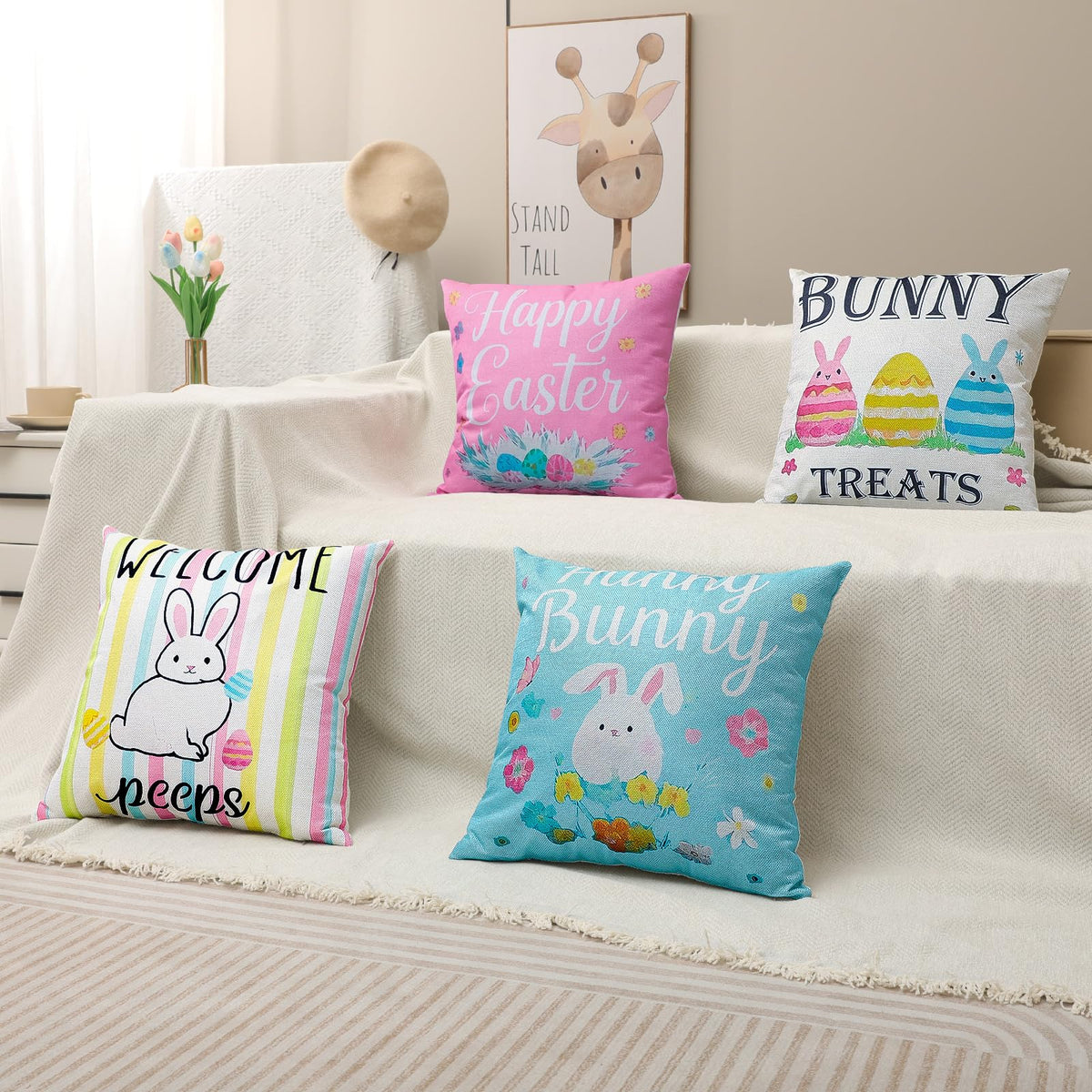 Easter Pillow Covers 18 x 18 Inch,Easter Decorations for Home,Set of 4
