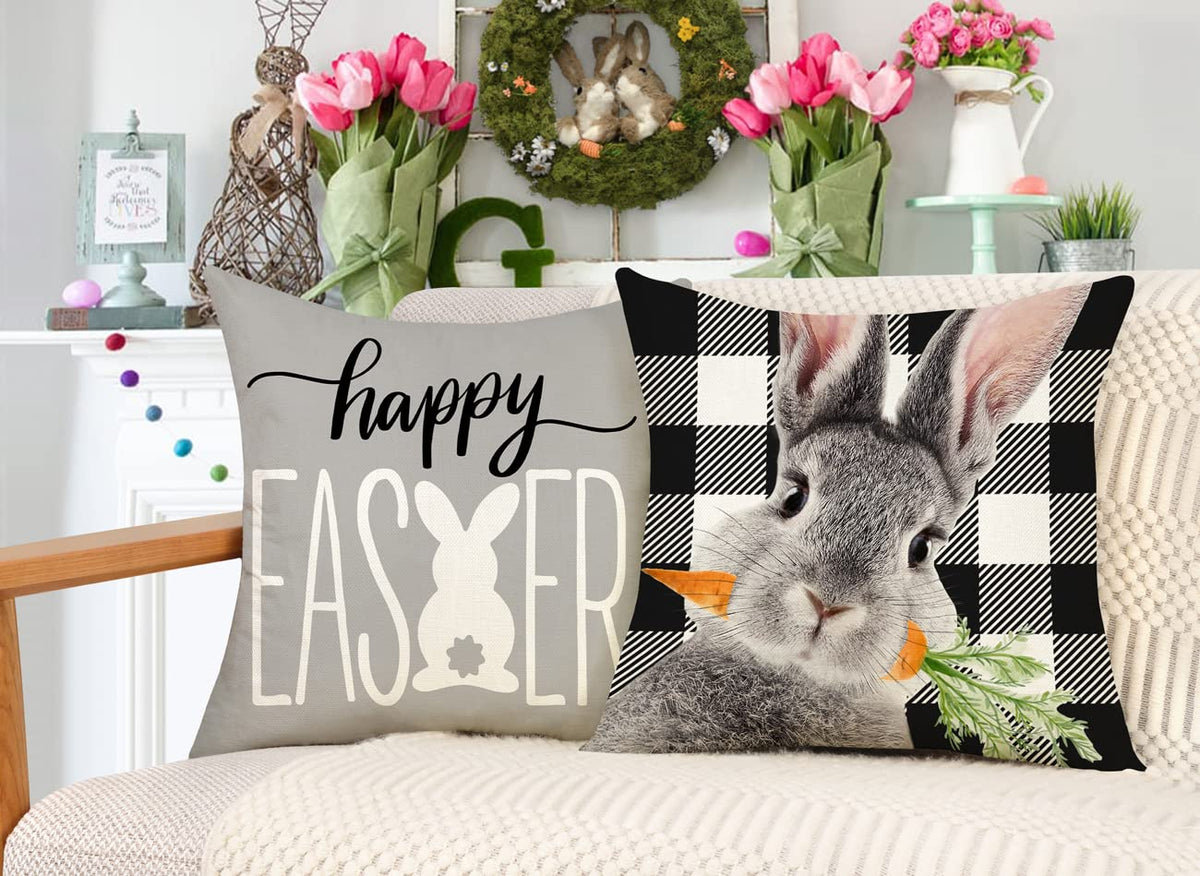 Easter Pillow Covers 18x18 Set of 4, Welcome Peeps Bunny Carrots