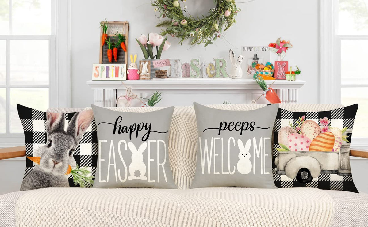 Easter Pillow Covers 18x18 Set of 4, Welcome Peeps Bunny Carrots