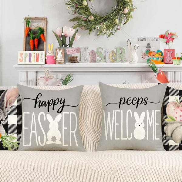 Easter Pillow Covers 18x18 Set of 4, Welcome Peeps Bunny Carrots