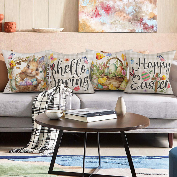 Easter Pillow Covers 18x18 Set of 4 with Bunny and Eggs Spring Home Decor Buffalo Check Plaid Pillowcase